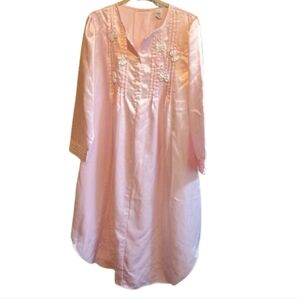Vintage 80s Ashley Mylor II Pink Satin Nightgown Housecoat with Embroidered Bees